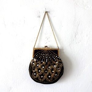 Antique 1890s-1910s Black Velvet Beaded Purse Bag